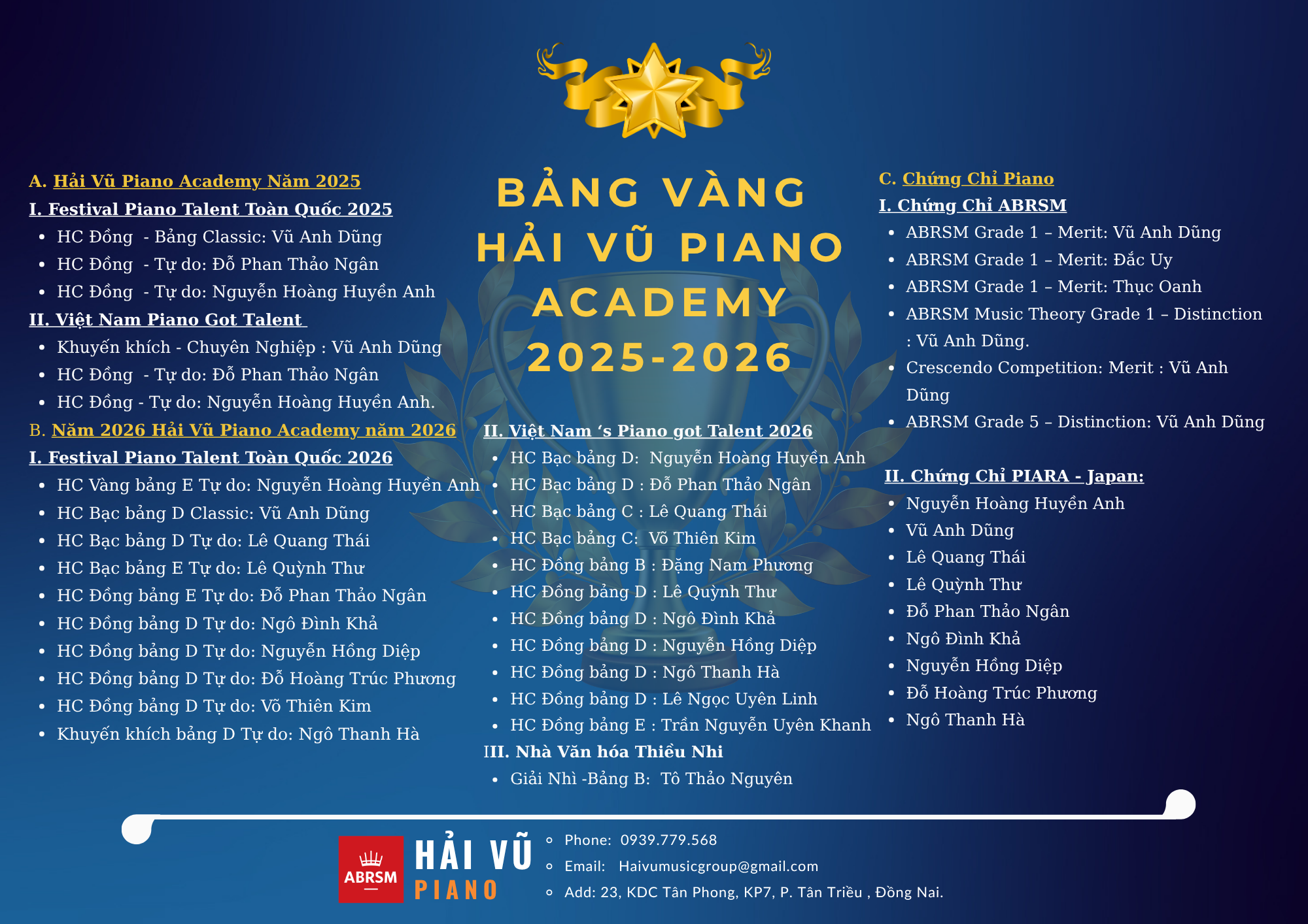 Bảng vàng Hải Vũ Piano Academy 2025-2026