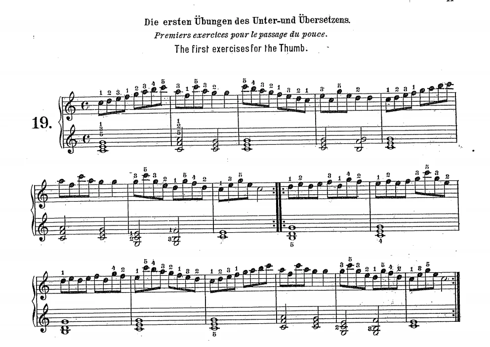 Czerny Op.599 No.19, bài tập về chuyển ngón cái